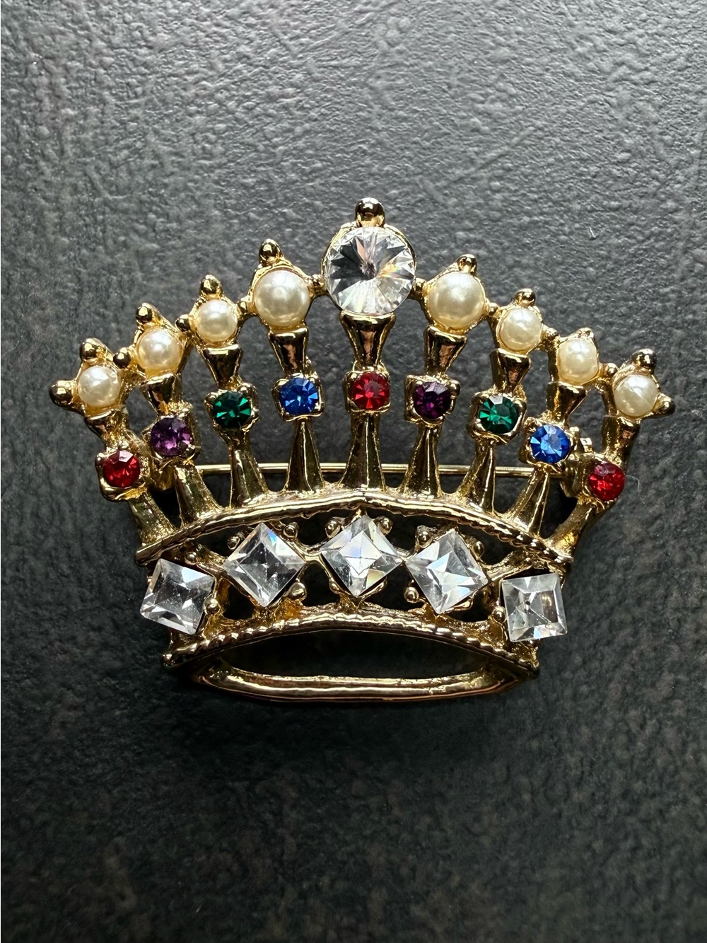 Vintage Gold Crown Brooch with Multicolor Gems and Seed Pearls
